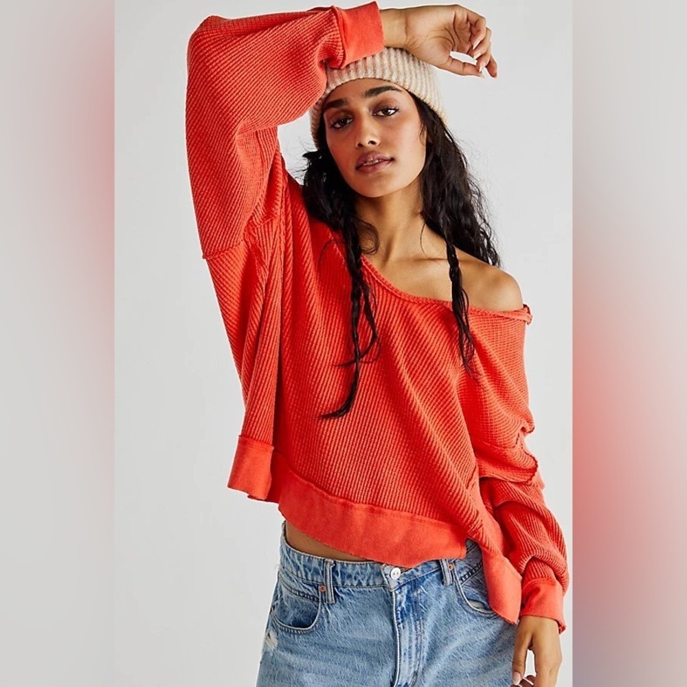 Free People Orange Thermal Waffle Knit Comfy Top sz M